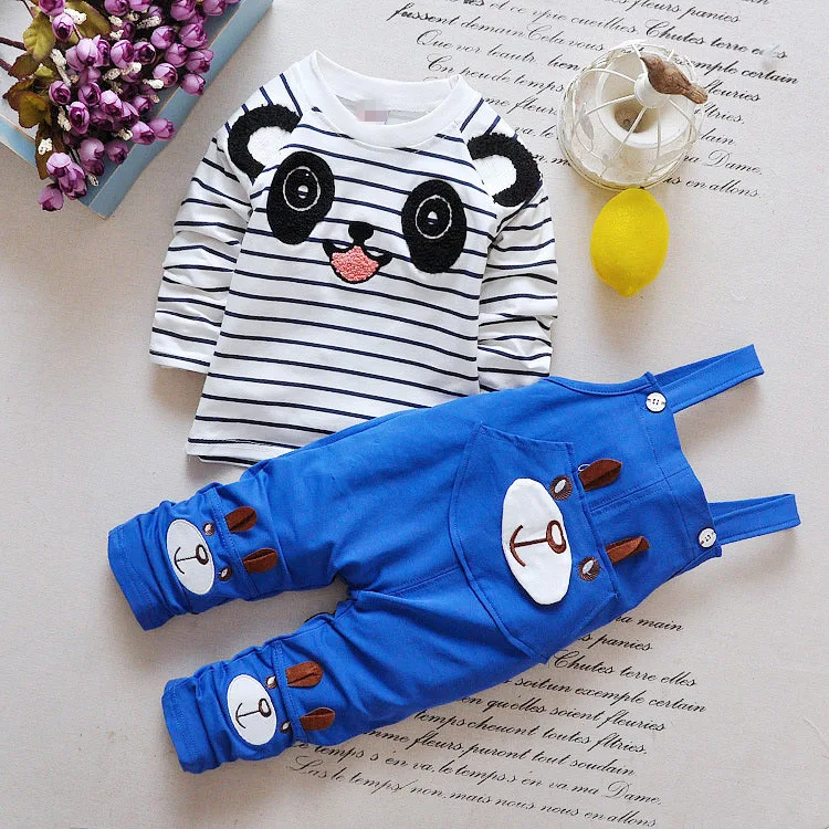 

Baby Boy Birthday Clothes Korean Leisure Striped Bear Long Sleeved T-shirt Tops + Overalls 2 Piece Set Kids Bebes Jogging Suits