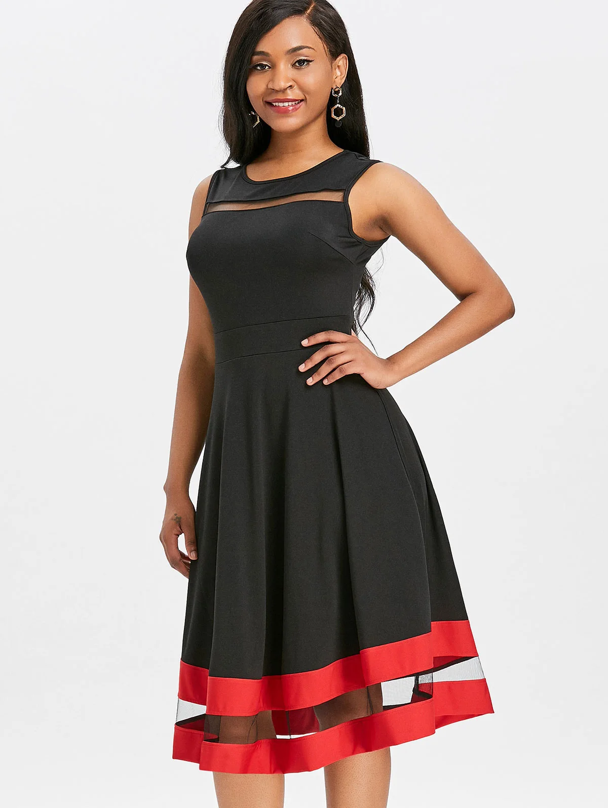 VESTLINDA Sheer Mesh Insert контрастная отделка линия миди женское платье для катания на