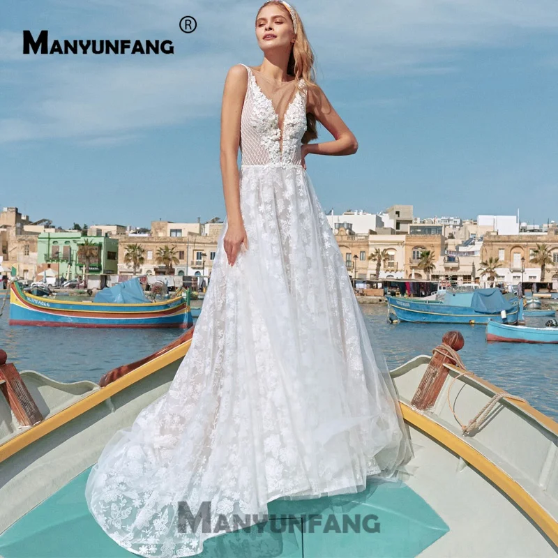 Сексуальное платье с глубоким v-образным вырезом, цвета слоновой кости, Vestidos De Novia, цельное кружевное платье, часовня, шлейф, Weding,, горячая Распродажа, свадебное платье-бохо