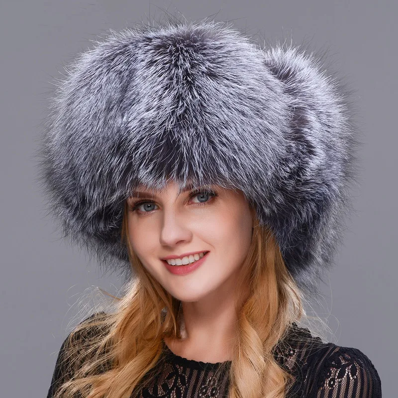 Thick Winter Real Natural Silver Fox Fur Raccoon Fur Cap Unisex Fur Hat Leather Cap Winter Ski Cap Lei Feng Hat Ear Warm