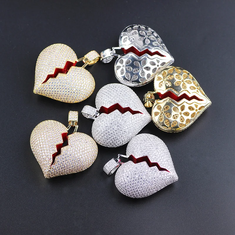 Fashion Broken Heart Iced Out Chain Pendant Necklace Statement Gold Color Cubic Zircon Hip Hop Men's Jewelry Gift | Украшения и