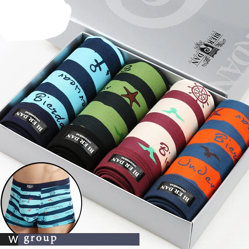 W BOX BIERDAN, мужское нижнее белье, боксеры, хлопок, мужское нижнее белье, размер, мужские трусы, шорты, милые, с рисунком, для мальчиков, 4 шт./лот - Цвет: W BOX