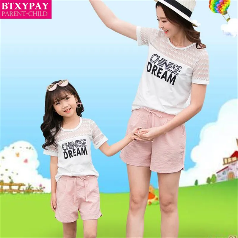 

100p Summer Mother&Daughter Parent-child Sets Kids Girl's T-Shirt&Shorts Family Matching Outfits Women Thin Short Sleeves&Shorts