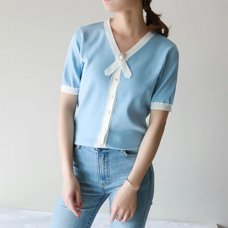Summer Autumn pearl beading Cardigan Women Chic Style Knitted Blouses Short sleeve Shirt V-neck patchwork Blusas B-117 |