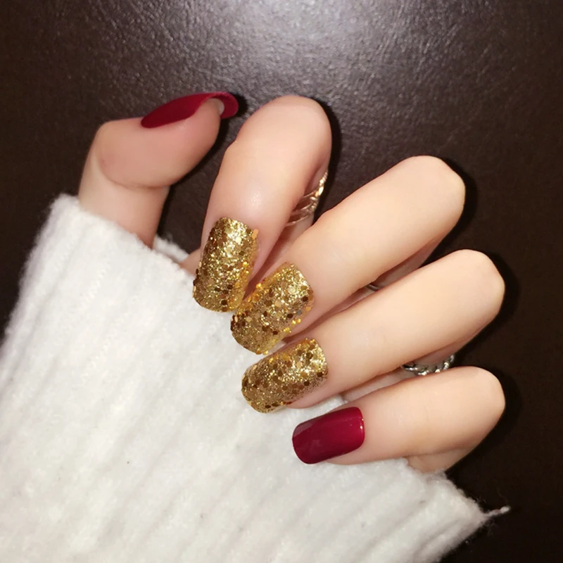 Модные красные плоские накладные ногти блестящие золотые нажимные Сделай Сам