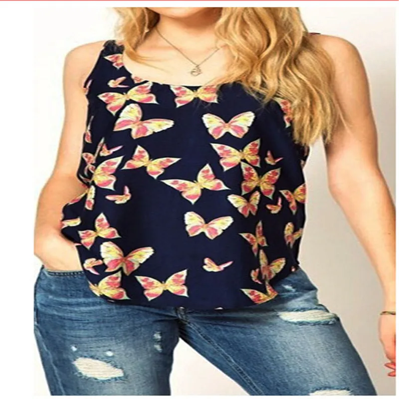 Женская шифоновая майка с принтом бабочки размеры до XXXL|blusas fashion|blusas plussleeveless chiffon |