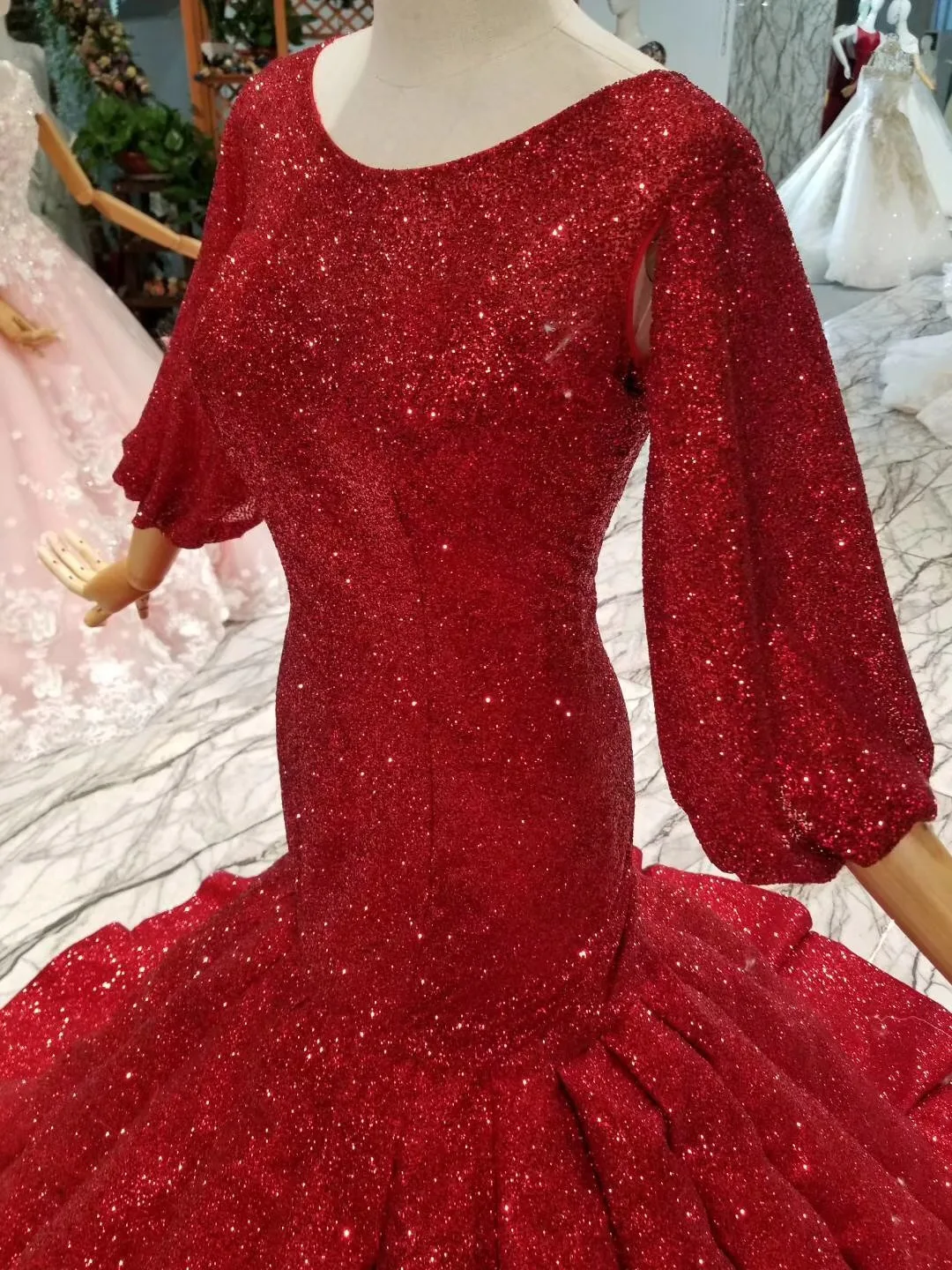 2018 бордовое винно красное вечернее платье с блестками и шлейфом русалки длиной 3/4