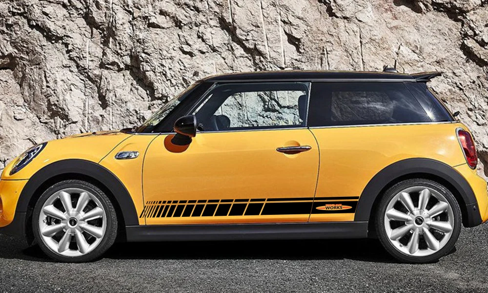 2pcs Car Door Side Skirt JCW Decal Stickers Racing Stripes Decoration For MINI John Cooper Works R56 R58 R59 F57 F56 Hatchback
