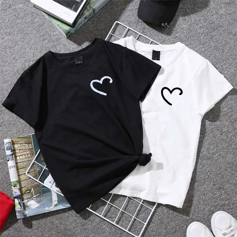

FIXSYS Summer Couples Lovers T-Shirt for Women Casual White Black Tops Tshirt Women T Shirt Love Heart Print Female Shirt