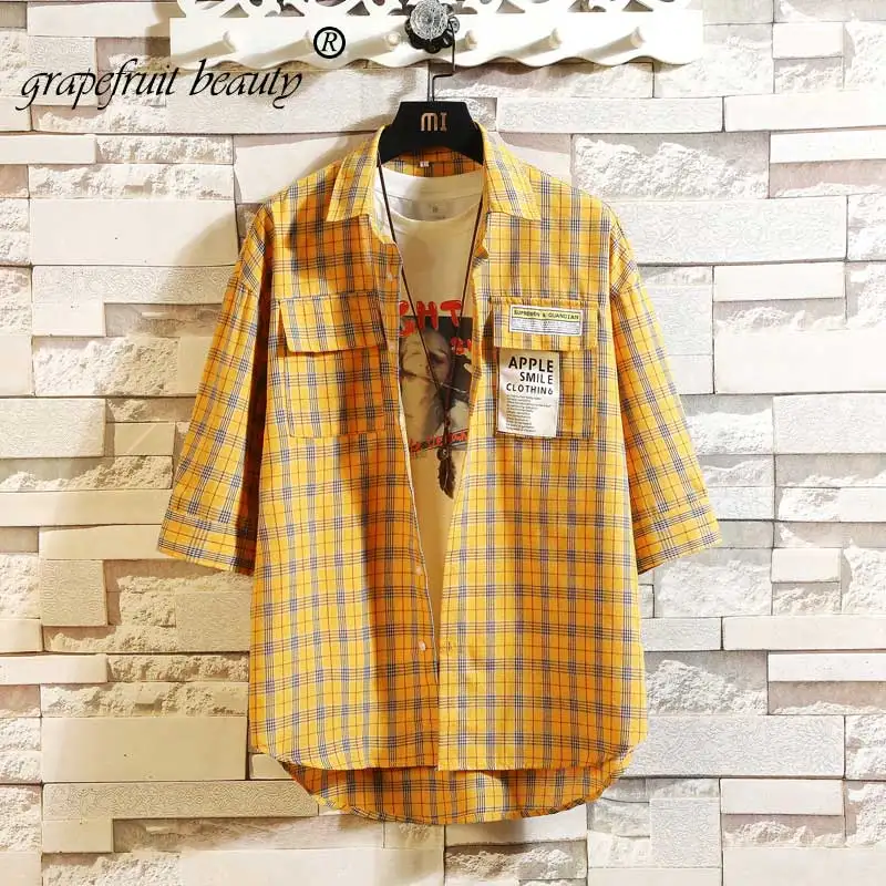 summer personality Hong Kong version of the trend color matching plaid shirt men's casual hip hop loose long-sleeved 5X | Мужская