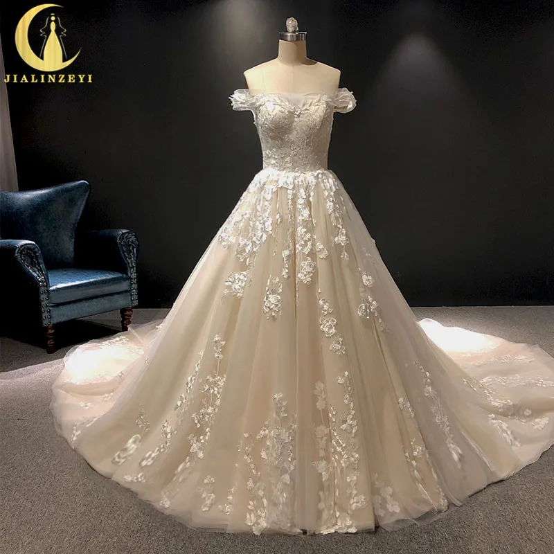

JIALINZEYI Real Picture Off the shoulder Lace Flowers A-line Bridal Wedding Dresses wedding gown