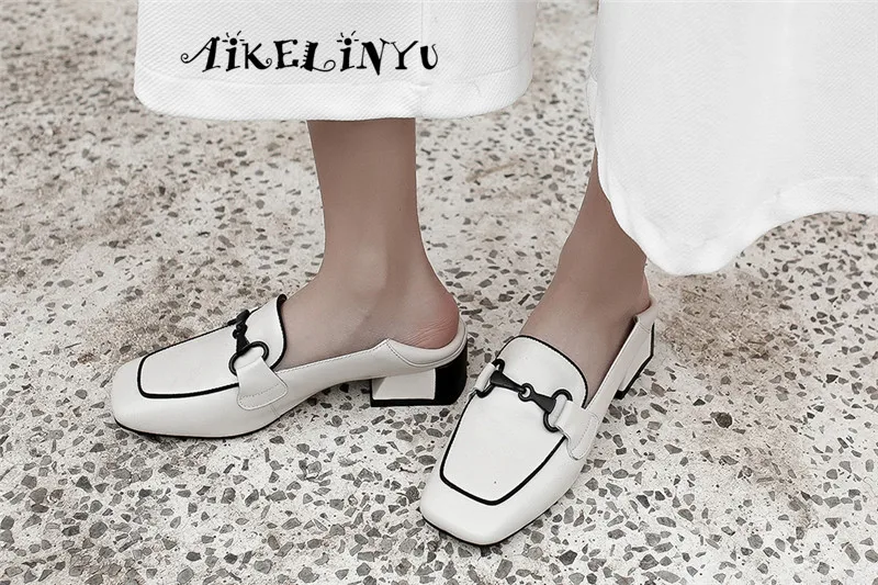 AAIKELINYU Новые женские туфли-лодочки коровья кожа мода металлической цепью удобные Обувь на квадратном каблуке, без шнуровки, на Повседневное ручной работы; женские туфли-лодочки