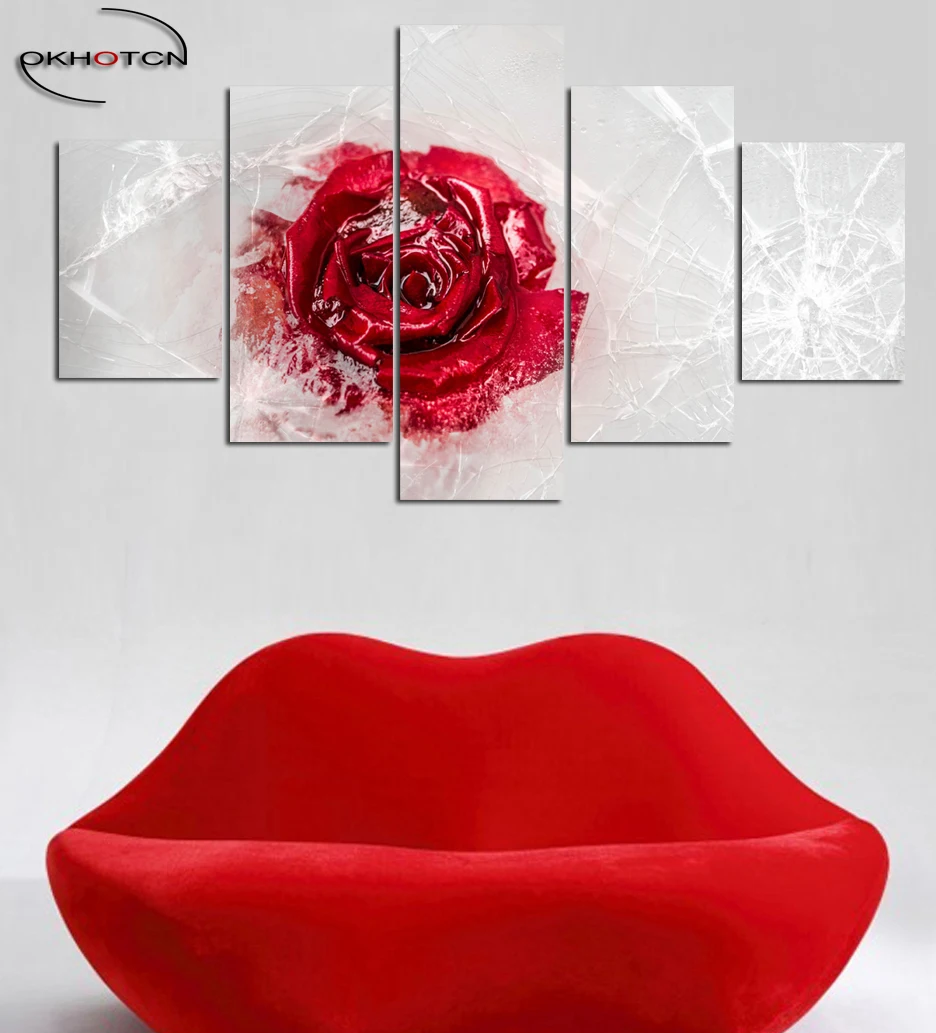 Настенная модульная картина замороженная красная роза 5 панелей|art canvas|red rose