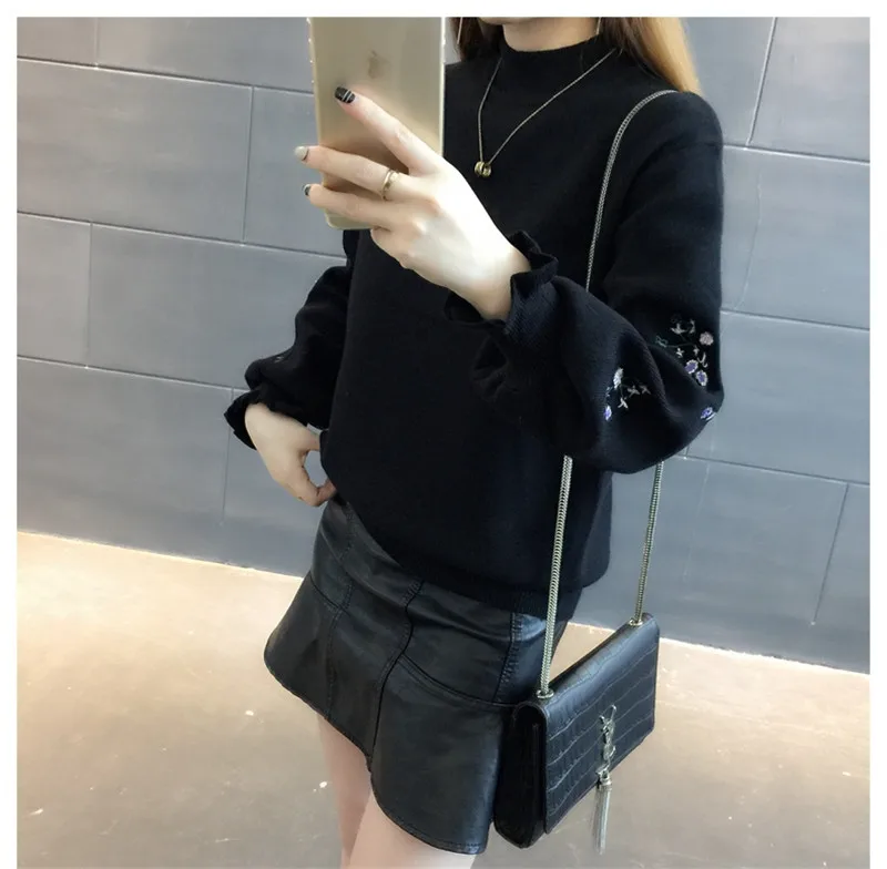2018 Winter Pullover Sweater women Embroidery Knitting female Long sleeve Shrug Half Turtleneck Knitwear coat PZ522 | Женская одежда