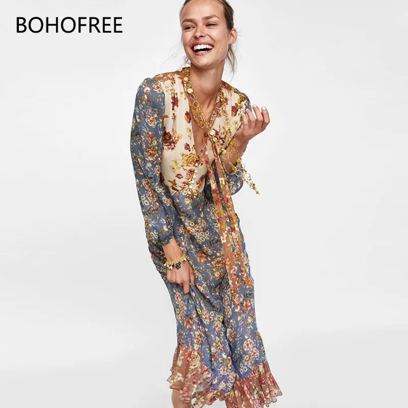 Женское платье с длинным рукавом BOHOFREE длинное цветочным принтом и оборками в