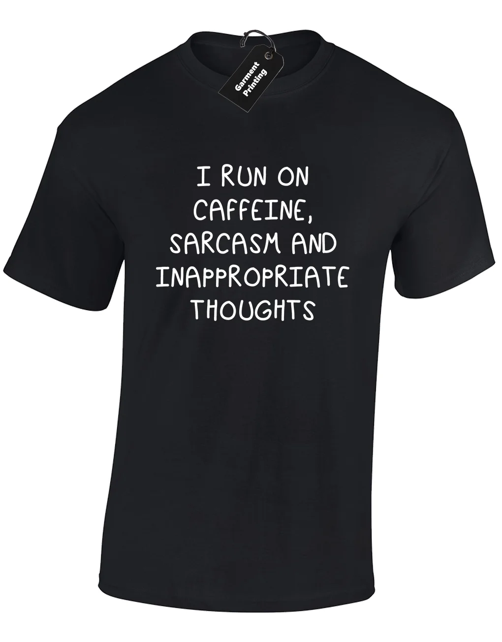 I RUN ON CAFFEINE + SARCASM Мужская футболка забавная шутка дизайн отличный подарок идея