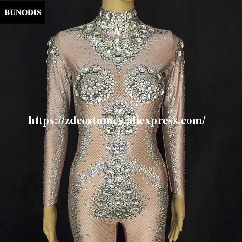 ZD160 Star Style Big Glass Diamonds Women Jumpsuit Full Of 1000pcs Sparkling Crystals Hand Made Bodysuit Nightclub Party