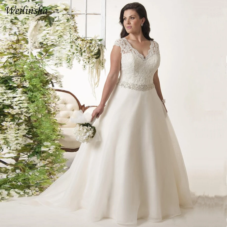 

Weilinsha New Arrival Plus Size Wedding Dress Cap Sleeve Beaded Belt Organza Bridal Gowns Vestidos De Novia Backless