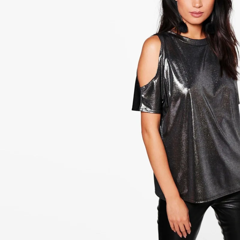 Лето Серебристо-Серый Футболка Женщины Холодного Плеча Топы О Шеи Короткий Рукав