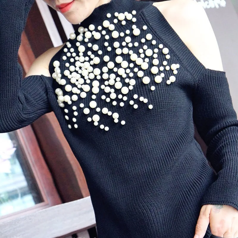 TWOTWINSTYLE Pearl Sweater Female Off Shoulder Long Sleeves Sexy Slim Knitting Jumpers Women Elegant Autumn Clothing 2018 Tops | Женская