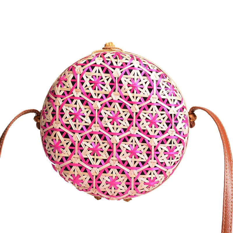 Pink Новая круглая Соломенная пляжная сумка круглая плетеная Сумка из ротанга женская сумка красочный цветочный узор женская сумка на плечо - Цвет: Pink