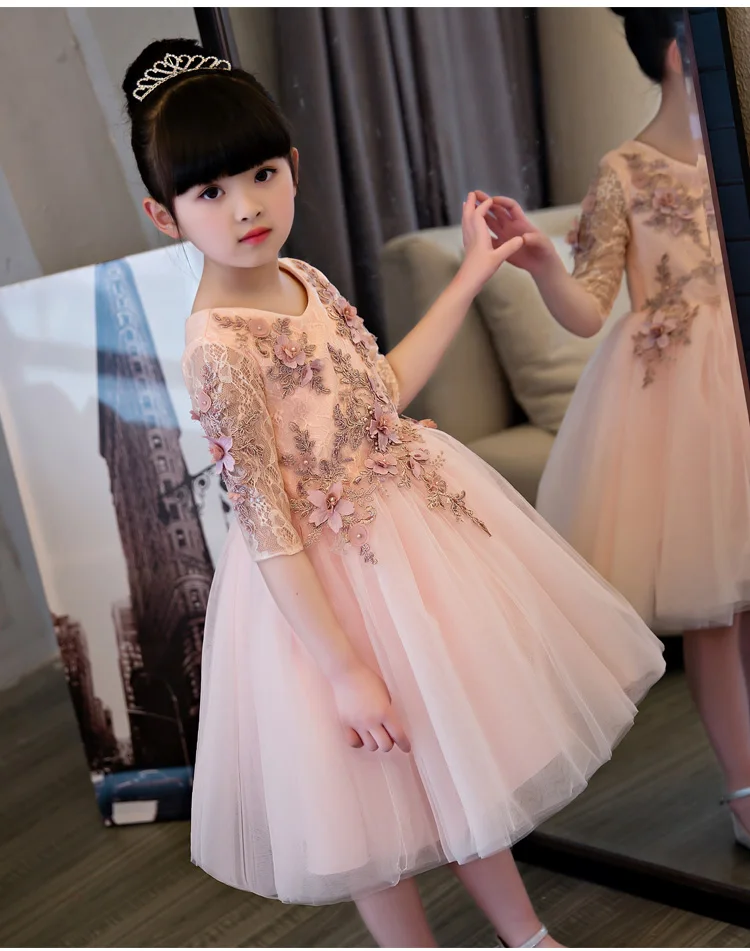 Elegant Flower Girl Dress For Weddings Appliques Tulle Evening Party Dresses Half Sleeve Baby Christening Prom Gown | Детская одежда и