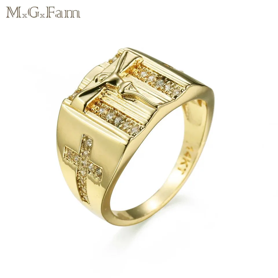 MGFam крест кольца Иисуса для мужчин 14 k светло золотой цвет AAA + кубический циркон