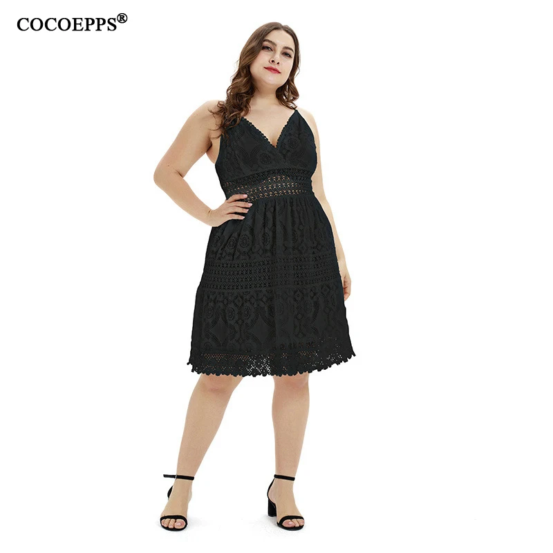 2019 Elegant Women Hollow Out Lace Dress Woman Sexy Spaghetti Strap V Neck White Plus Size Clothing Vestidos | Женская одежда