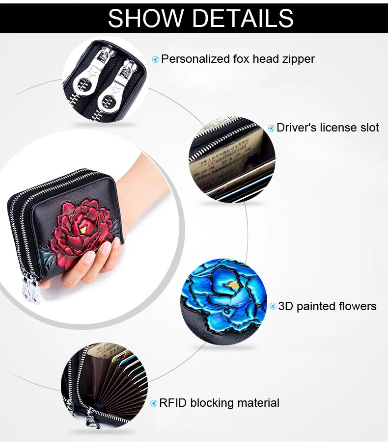 RFID блокирующий держатель для карт с двойной застежкой-молнией, кошелек для карт с принтом розы, кошелек для монет, Женский Большой Вместительный бизнес-чехол для кредитных карт