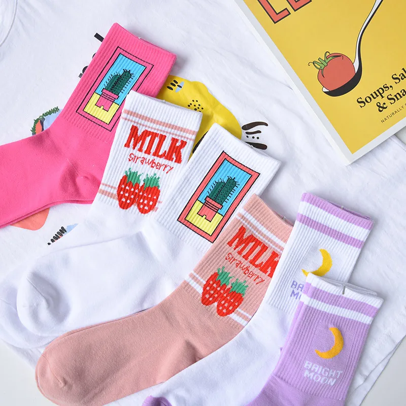 Милый жаккардовый фрукт френа молока Pinky/blanco женщины Calcetines japoneses Harajuku Веселые Mujer |