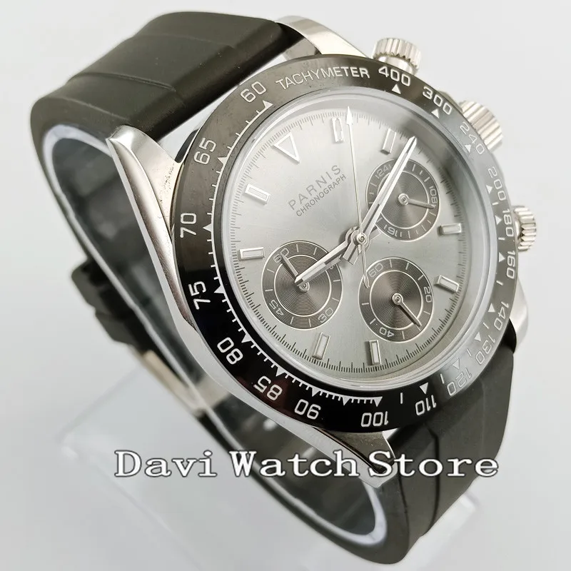 39 мм PARNIS серый циферблат сапфир резиновый ремешок хронограф кварцевые мужские