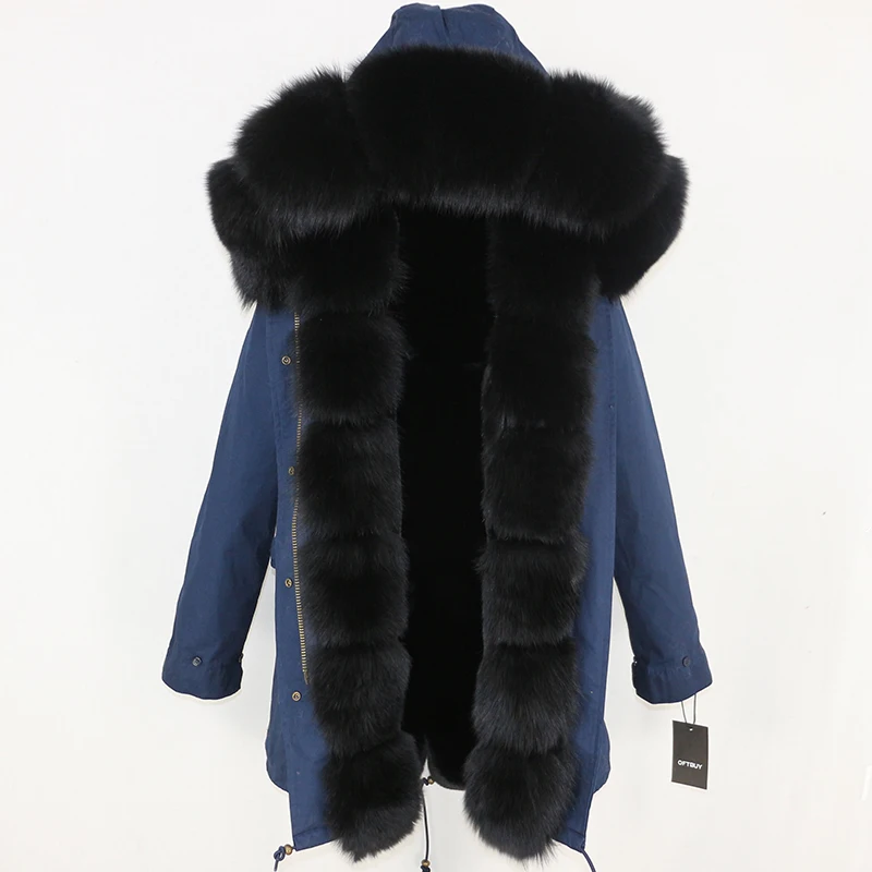 navy black OFTBUY пальто с натуральным мехом зимняя куртка женская длинная парка воротник из натурального Лисьего меха Толстая теплая брендовая Роскошная Съемная уличная одежда - Цвет: navy black