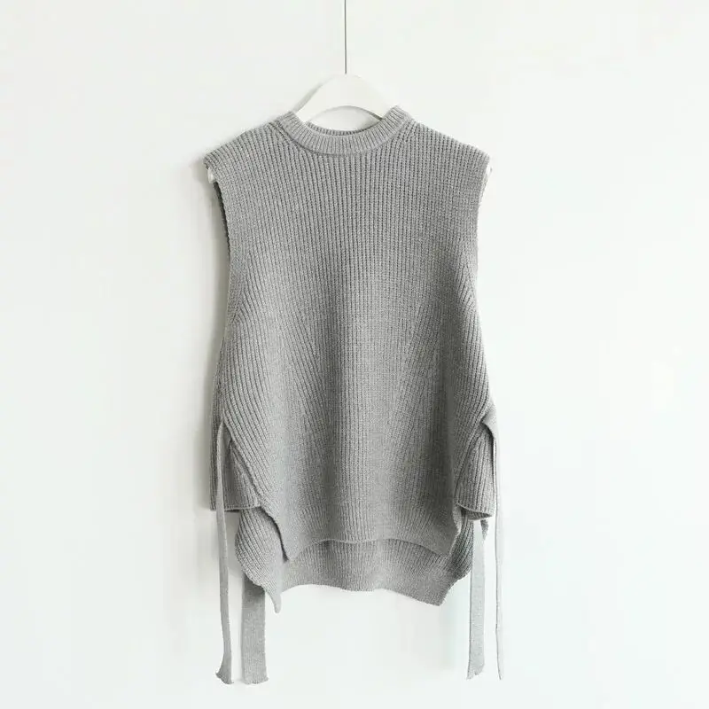 MUMUZI Spring 2021 Wool Sweater Vest Women Sleeveless O-Neck Knitted Female casual tank tops pullover lace up split side | Женская