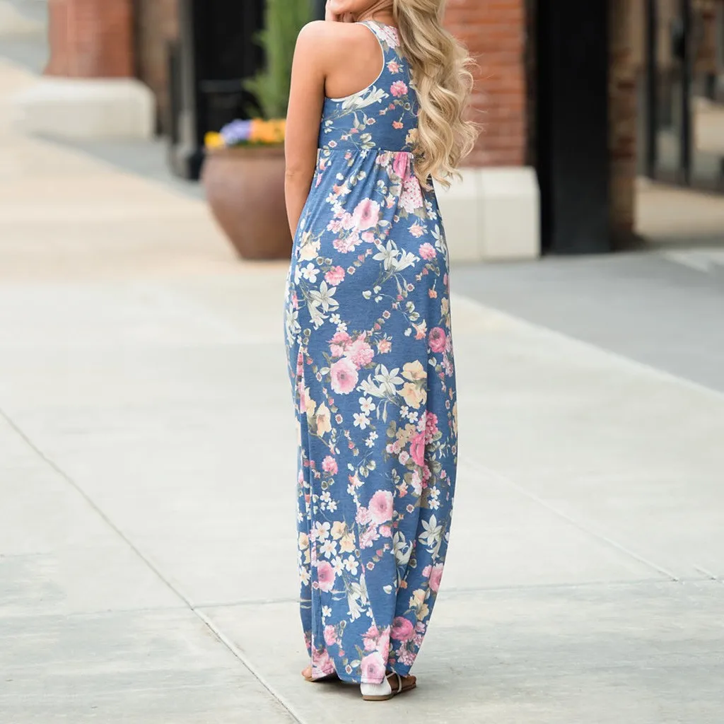 Женское платье без рукавов с цветочным принтом повседневное длинное летнее