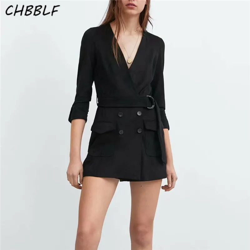 CHBBLF женские шикарные комбинезоны с v-образным вырезом, с поясом, с длинным рукавом, комбинезоны с карманами, винтажные Женские повседневные летние комбинезоны WDD60169