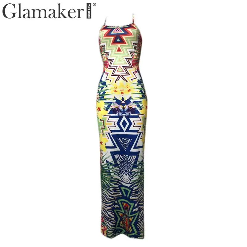 Glamaker, элегантное, винтажное, с принтом, длинный сарафан, для женщин, с открытой спиной, Пляжное, летнее, без рукавов, платье для вечеринки, женское Макси-Платье, vestidos - Цвет: Цвет: желтый