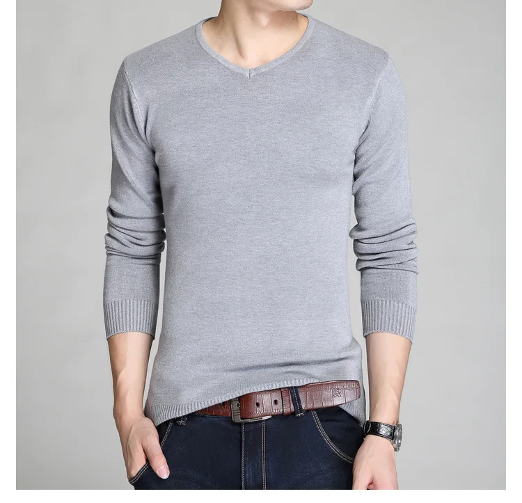 light gray WENYUJH хлопковый мужской свитер с длинным рукавом, пуловеры, верхняя одежда, мужские свитера с v-образным вырезом, топы, свободная Однотонная вязанная одежда, 8 цветов, Новинка - Цвет: light gray