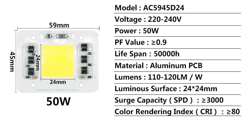 White 59X45mm Полная мощность 50 Вт AC220V-240V светодиодный ССБ Водонепроницаемый светодиодный умный IC большая светящаяся лампа для поверхности для наружного внутреннего прожектора для DIY светодиодный - Испускаемый цвет: White 59X45mm