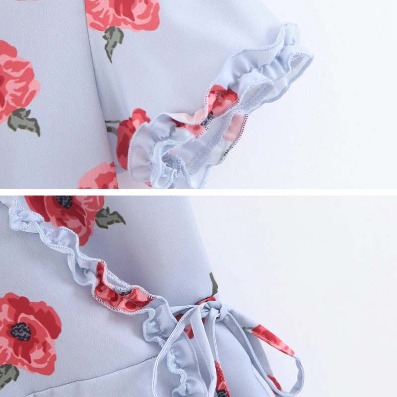 Элегантный ruched v шеи boho платье женщины с коротким рукавом цветочным принтом