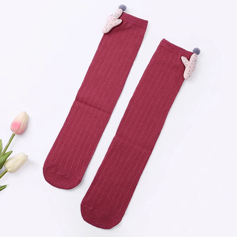 Wine Red Более теплое колено девочки высокие носки мод кактус дизайн ребенка выше колена носки хлопок принцесса короткие носочки по щиколотку для осени дети - Color: Wine Red