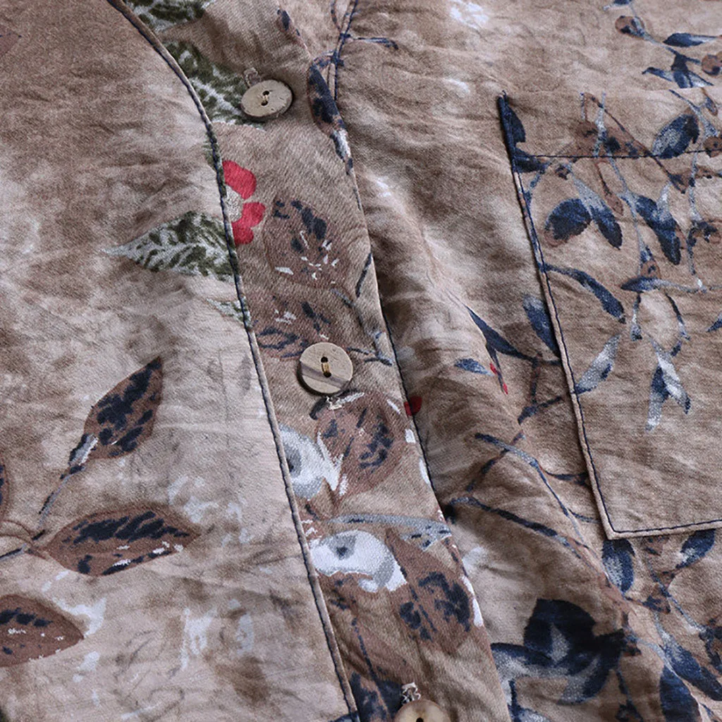 Длинная льняная блузка для женщин размера плюс с принтом и длинным рукавом