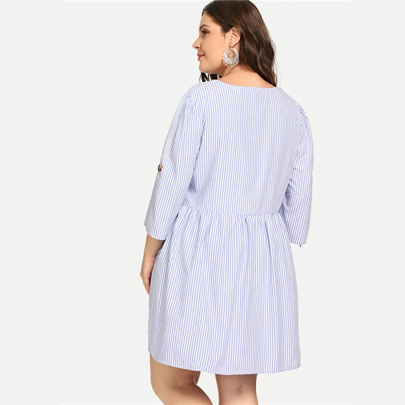 Dotfashion, платье-рубашка размера плюс, синее, с закатывающимися рукавами, в полоску, женское, повседневное, лето, ТРАПЕЦИЕВИДНОЕ, v-образный вырез, облегающее и расклешенное короткое платье