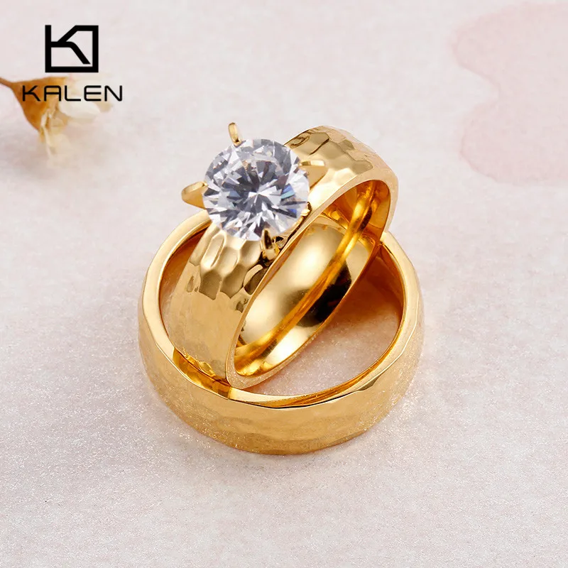 Kalen Lovers обручальные кольца кубические циркониевые кольца золотые из нержавеющей стали, волнообразный узор кольца подходят для женщин и мужчин пара обещаний ювелирные изделия