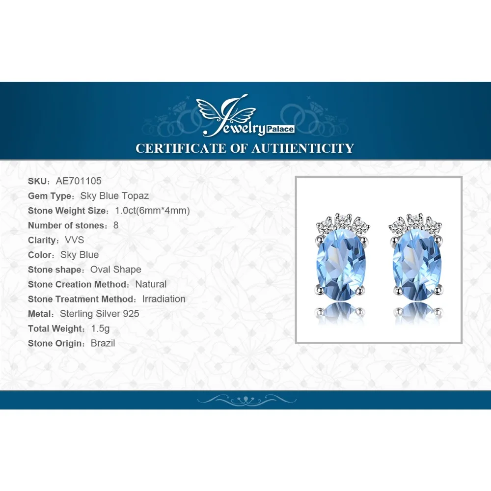 Jewelrypalace классический 1ct овальный Природный Голубой топаз Серьги гвоздики Твердые