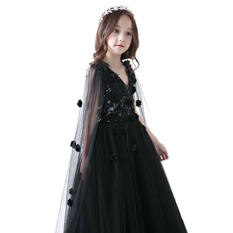 

Luxury Black Sexy Backless Flower Girl Dresses Evening Gowns V-neck Sequined Small Trailing Kids Pageant Dress Birthday Costume