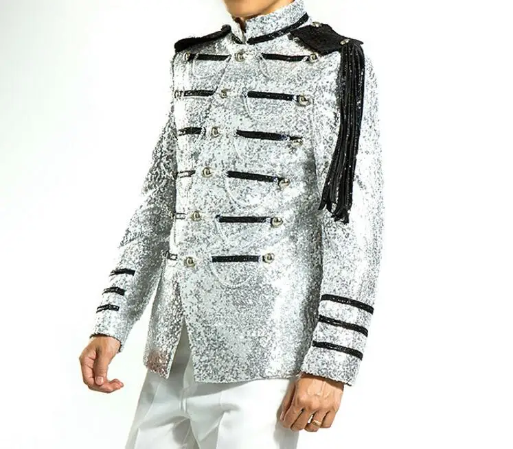 

S-4XL Hot / Spring Men's New Fashion Bar singer costume silver white shiny performance gown