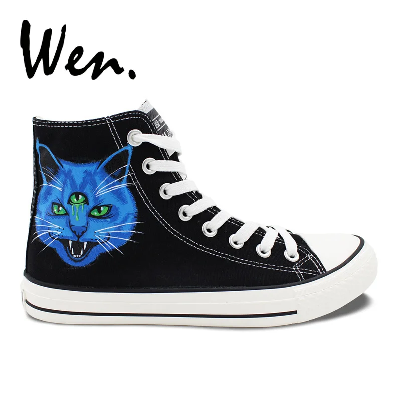 

Wen Men Women's Design Custom Three-Eyes Cat Heads Blue Purple Hand Painted Canvas Shoes High Top Outdoor Canvas Sneakers