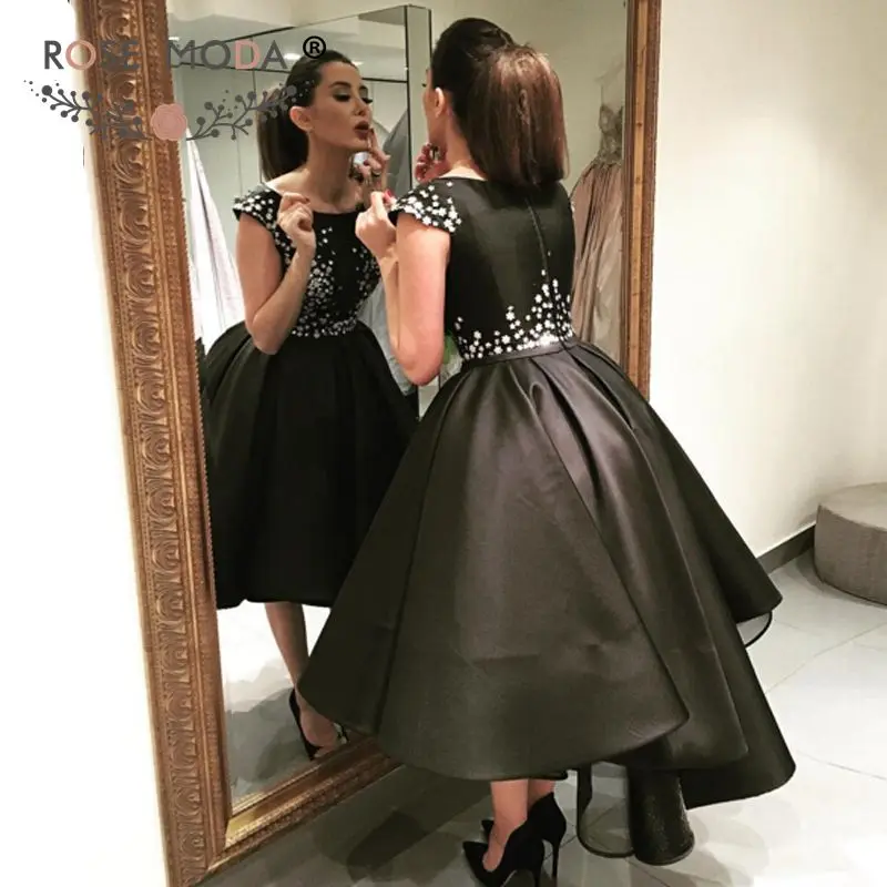 

Rose Moda High Low Prom Dress Black Short Party Dresses Reflective Dress 2019