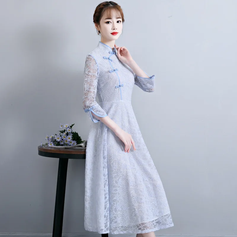 Модное кружевное платье Ципао в Корейском стиле с коротким рукавом Cheongsam Goddess