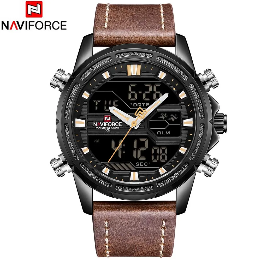 NAVIFORCE 9138 мужские спортивные часы из натуральной кожи светодиодный кварцевые